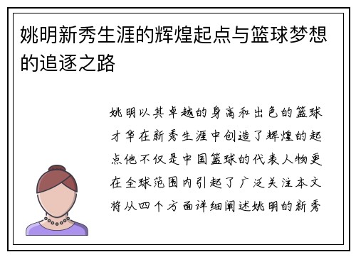 姚明新秀生涯的辉煌起点与篮球梦想的追逐之路